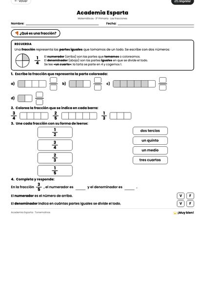 Ficha de fracciones, 3º Primaria